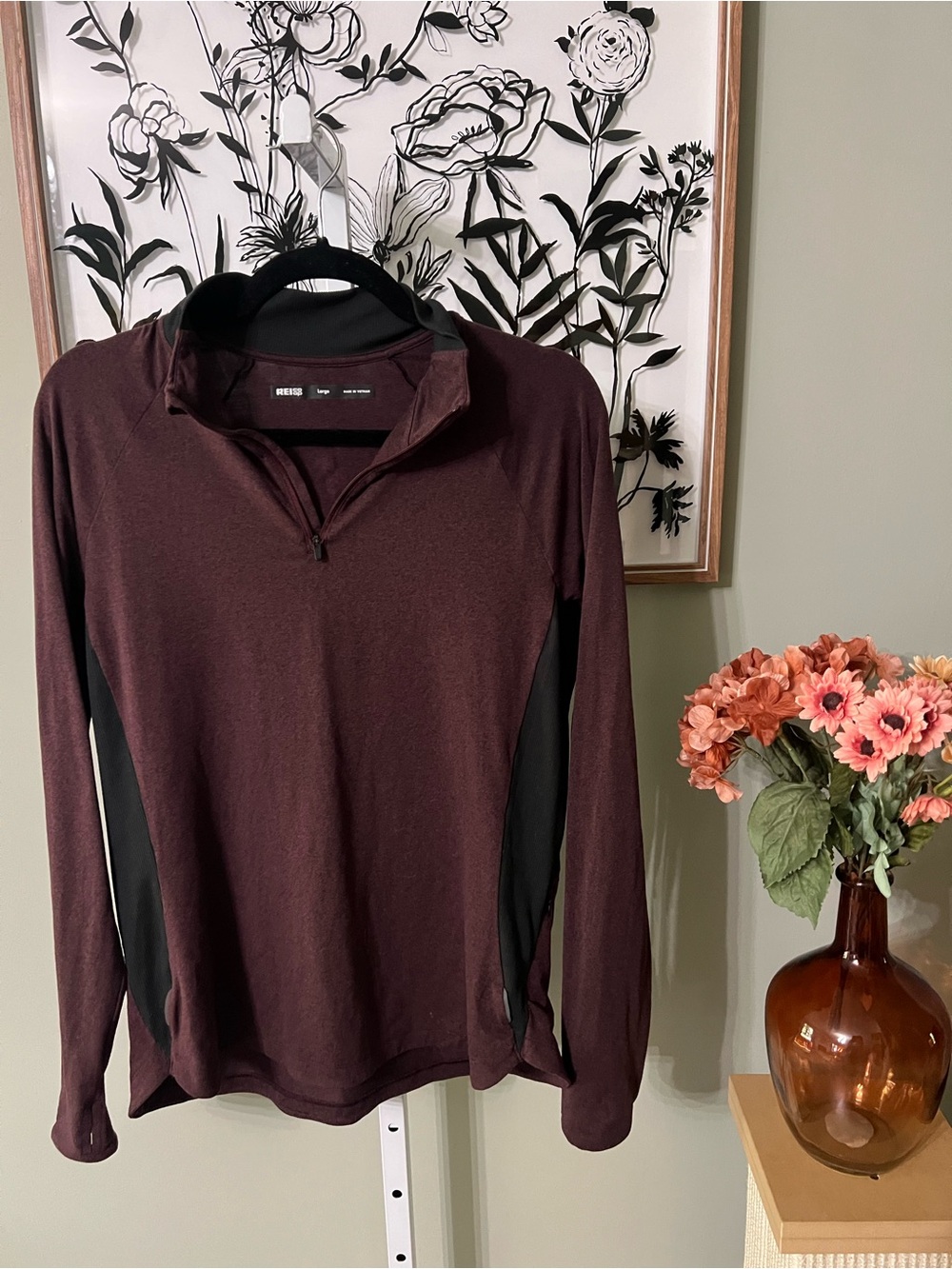 REI Co-op Lightweight Base Layer Burgundy Black 1/4 Zip Top Long Sleeve Size L
